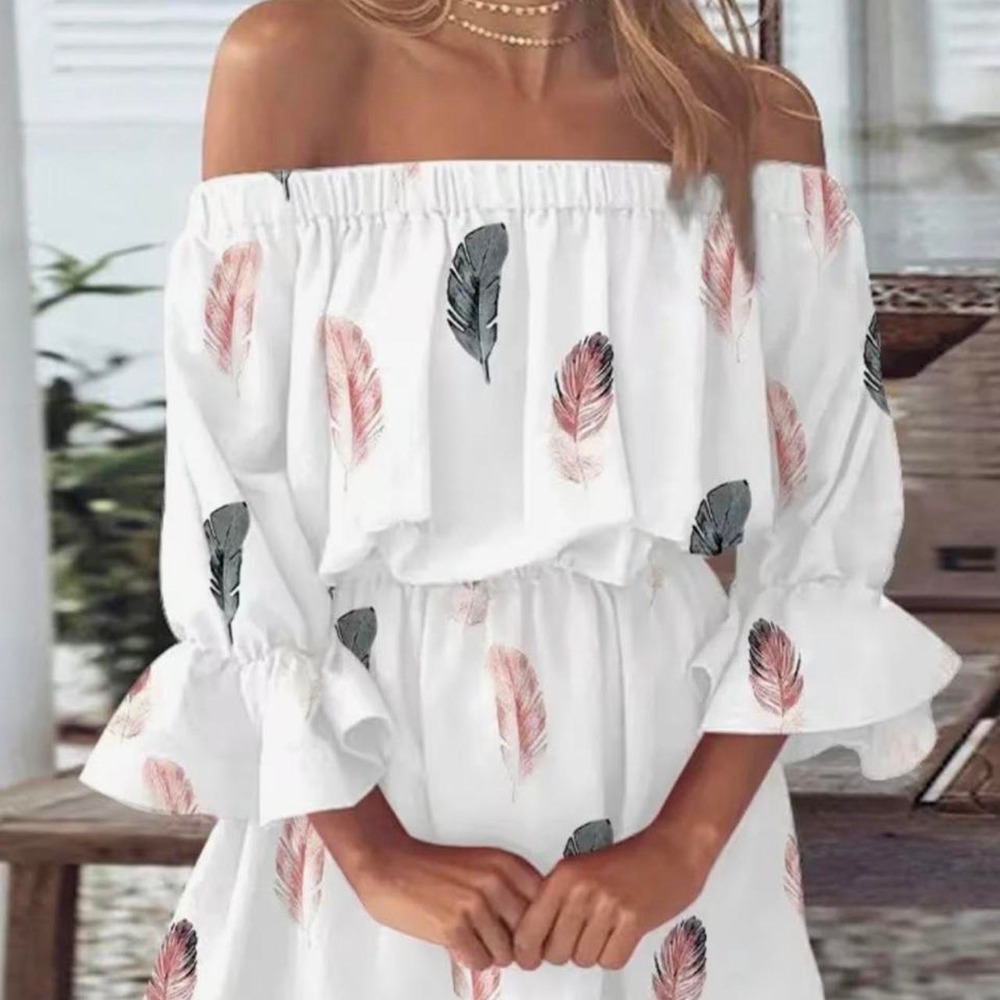 Temu White Pink Gray Feather Print Off The Shoulder Mini Dress 2XL LQY-035-WDW